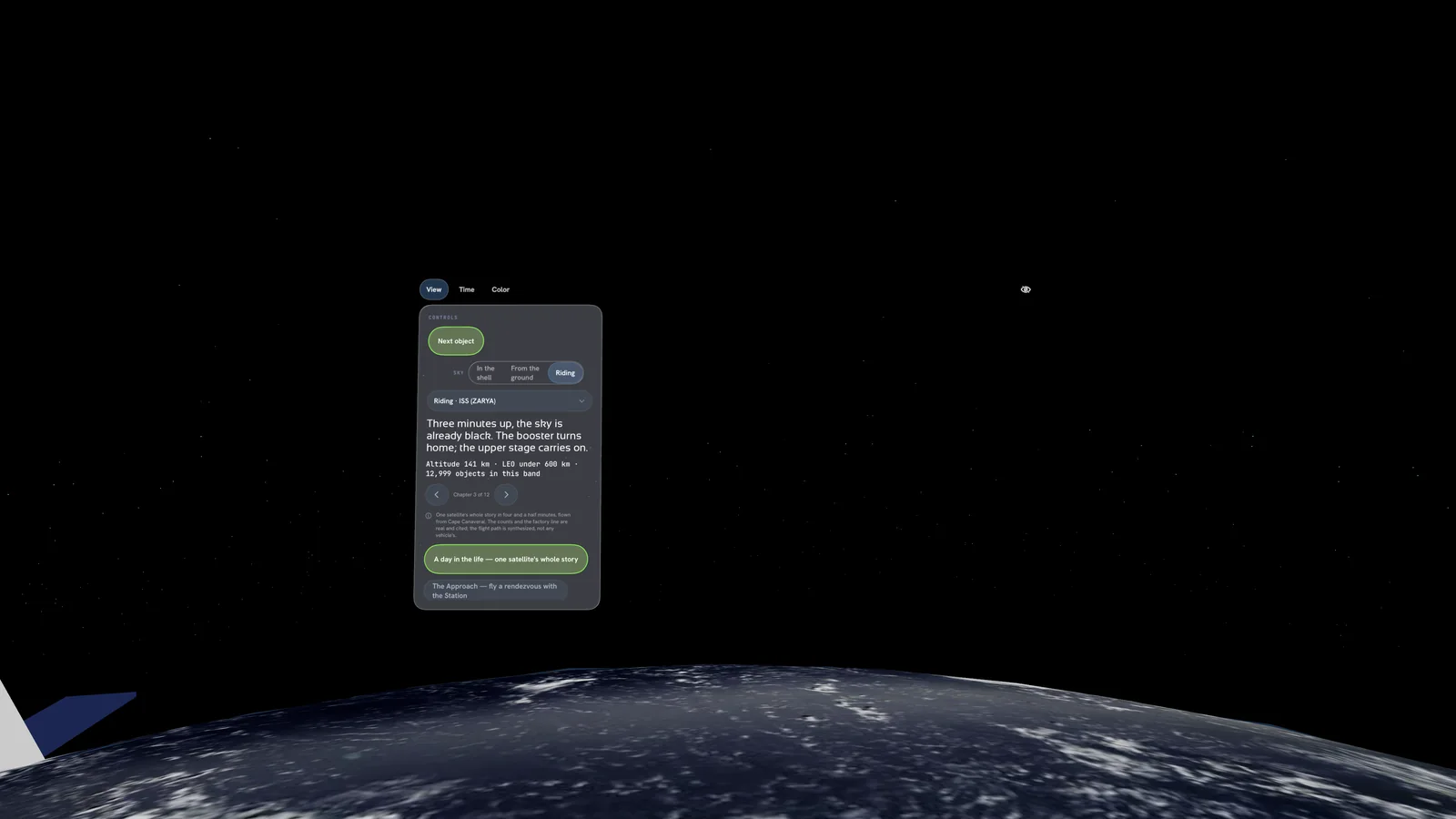 A Day in the Life, a simulator capture fully immersed: Earth's limb below and the ride console reading three minutes up.