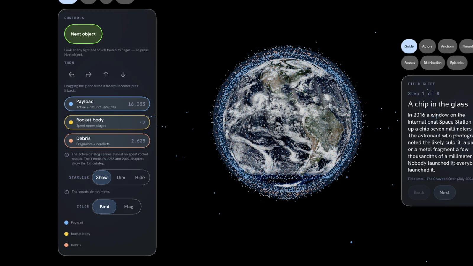 The Orbit volume, a simulator capture: a globe ringed by cataloged objects, a control rail at left and a field-guide card at right.