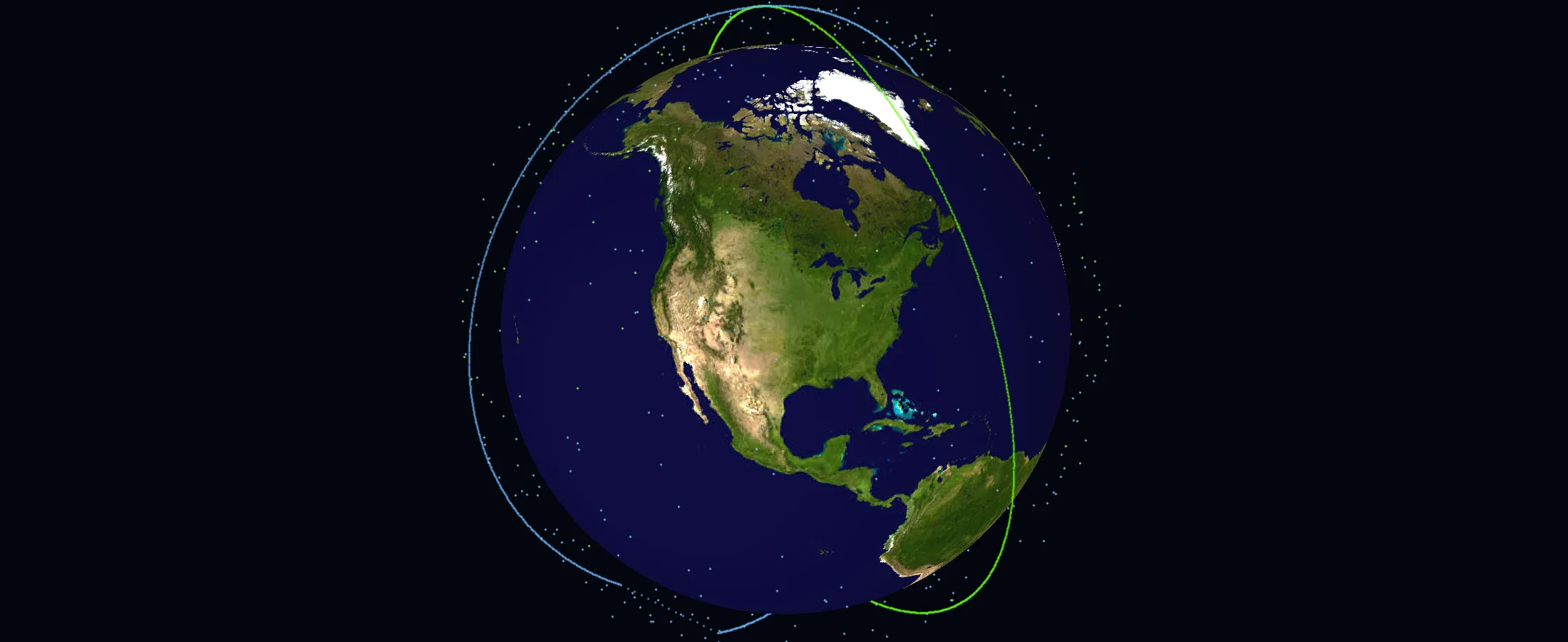 The 696 tracked fragments of the 2009 Iridium-Cosmos collision and the two parent orbital tracks, seen from above North America