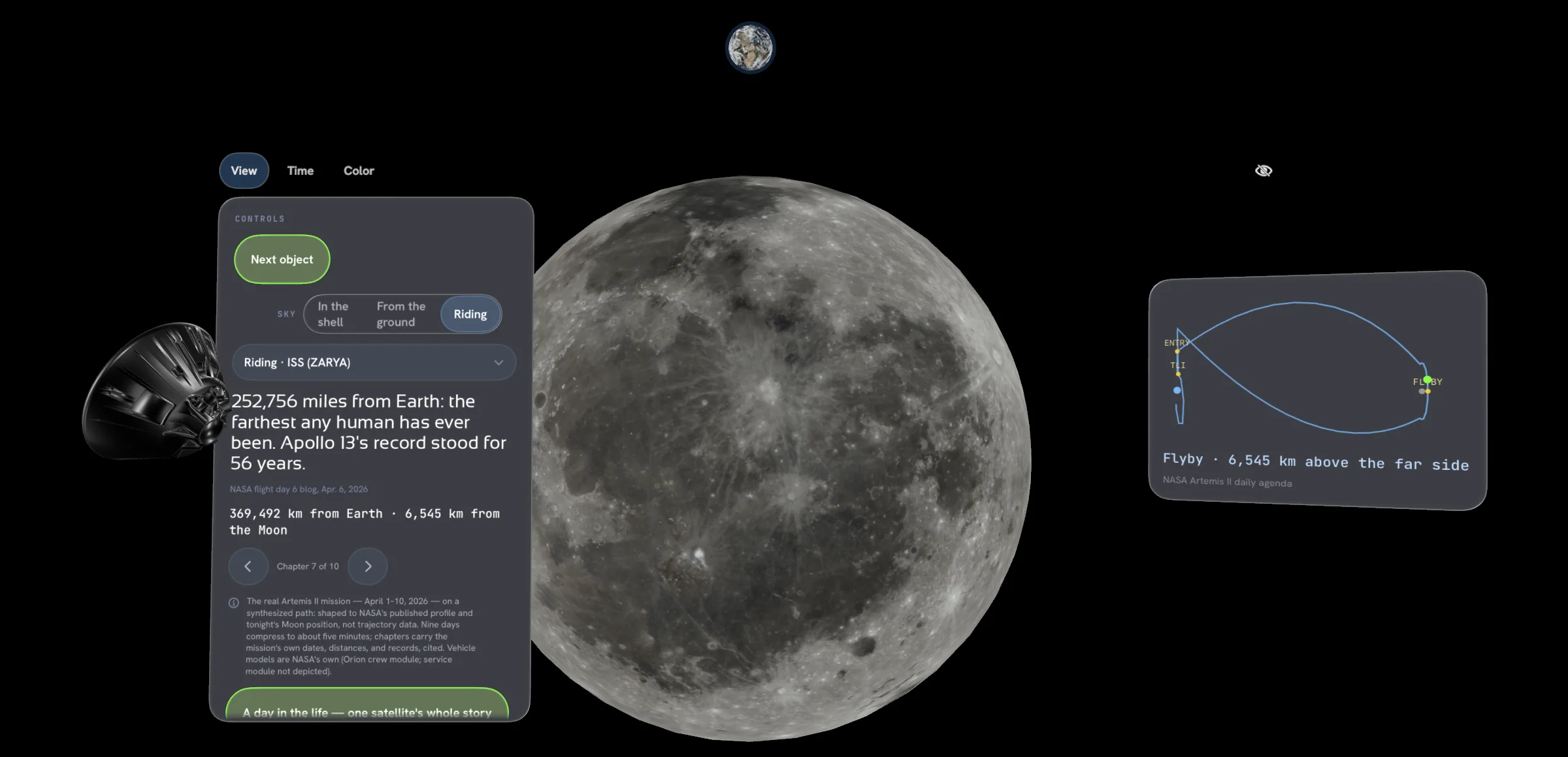 Artemis II after the far-side flyby: the cratered Moon large at center on black, Earth tiny and blue above its limb, NASA's Orion model beside a console at left, a mission plot at right.