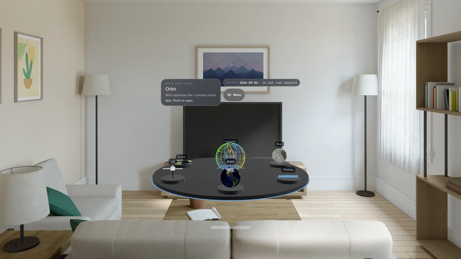 Simulator capture: a round dark tabletop in a furnished room carrying six instruments on pedestals, Orbit, Timeline, Moon, Conjunction, Hormuz, and A Day in the Life.