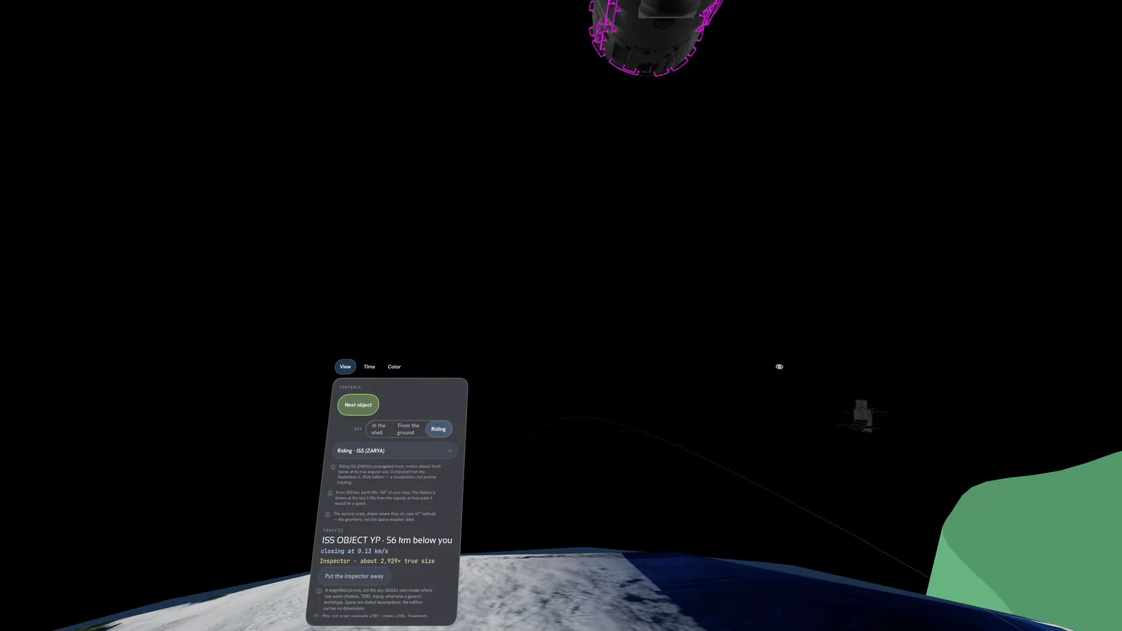 Window seat at the Station: Earth's sunlit blue limb across the bottom, a green auroral arc and a magnified spacecraft at right, NASA's Station model overhead, a console at left.